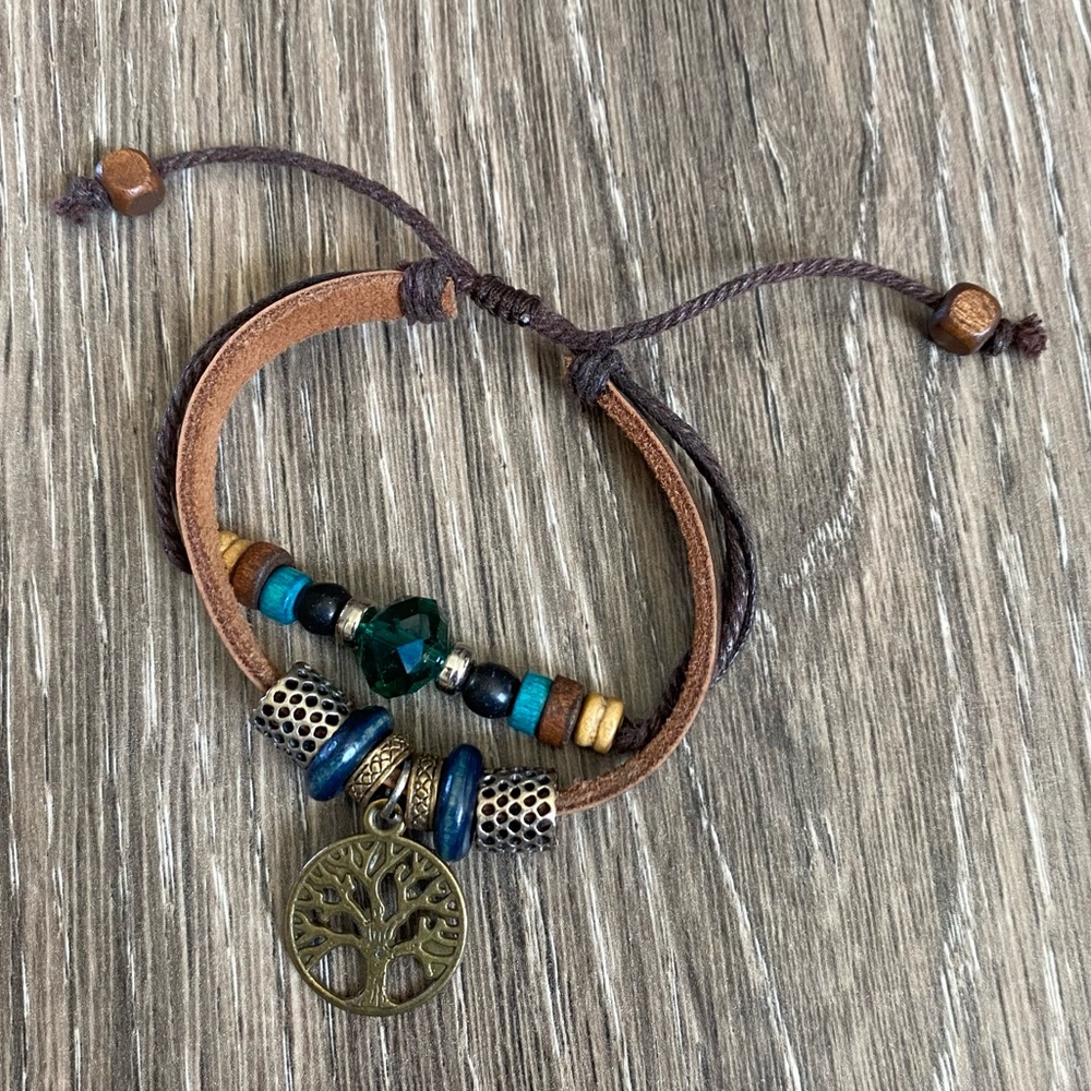 Beaded leather and cord tree of life bracelet
